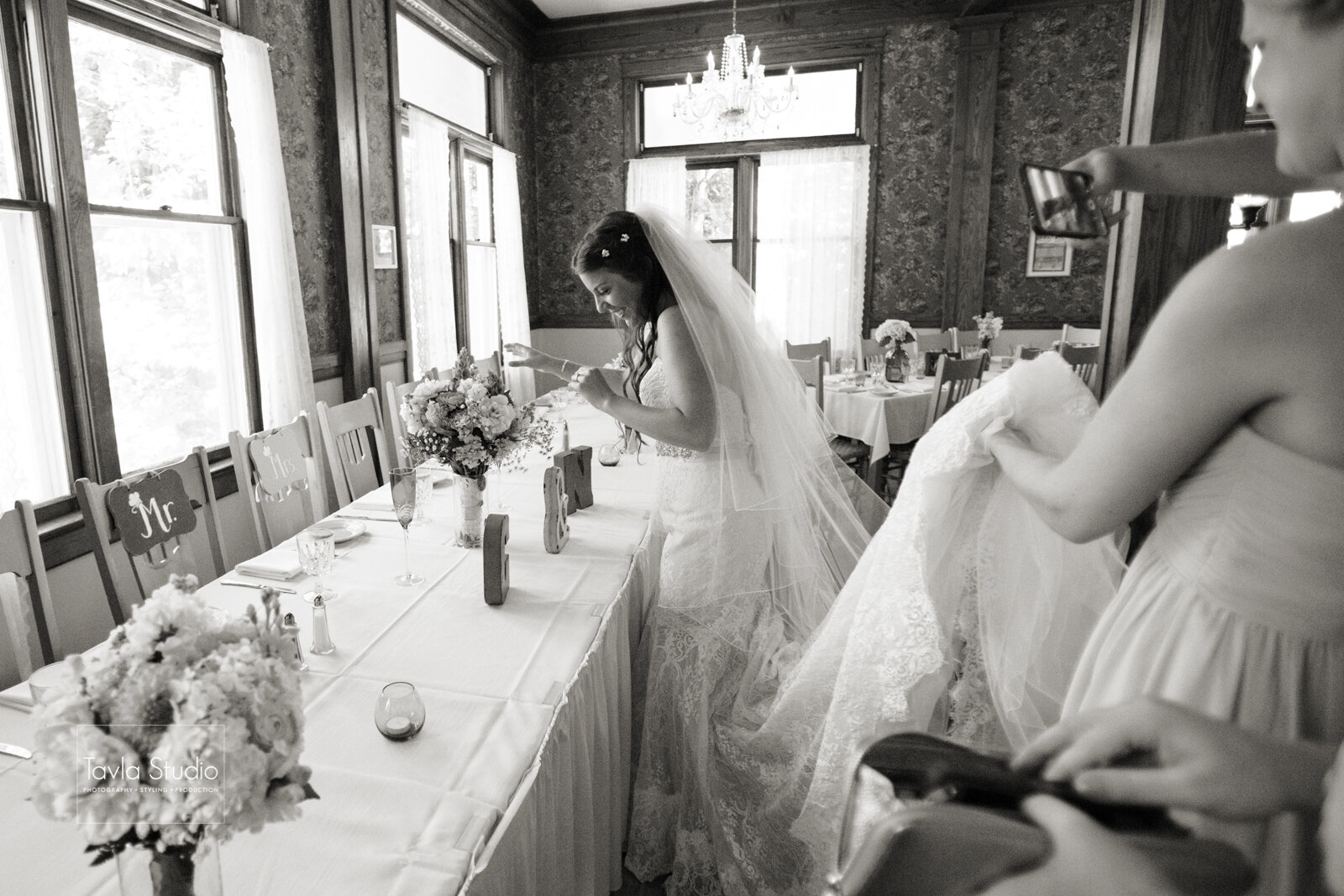 black and white photo of wedding reception